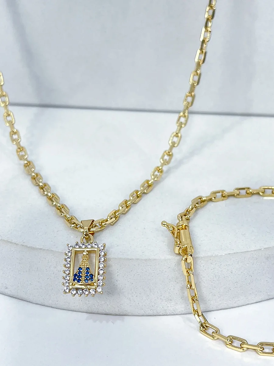 Corrente 16,3g e Pulseira 7g Cadeado 3,5mm + NSRa Quadradado Manto Azul Cravejado