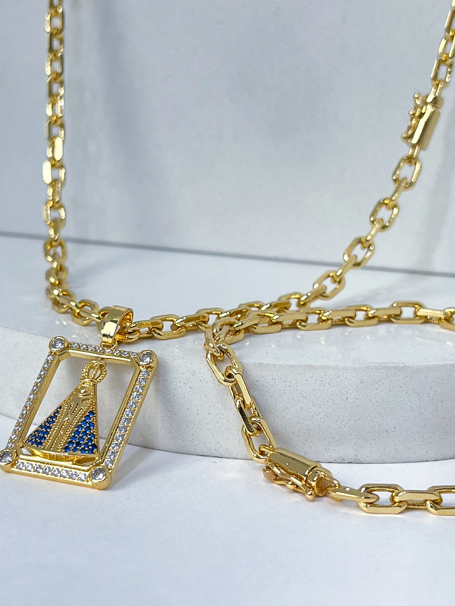 Corrente & Pulseira Cadeado 5mm  + NSRa Quadrada Manto Azul Cravejado G