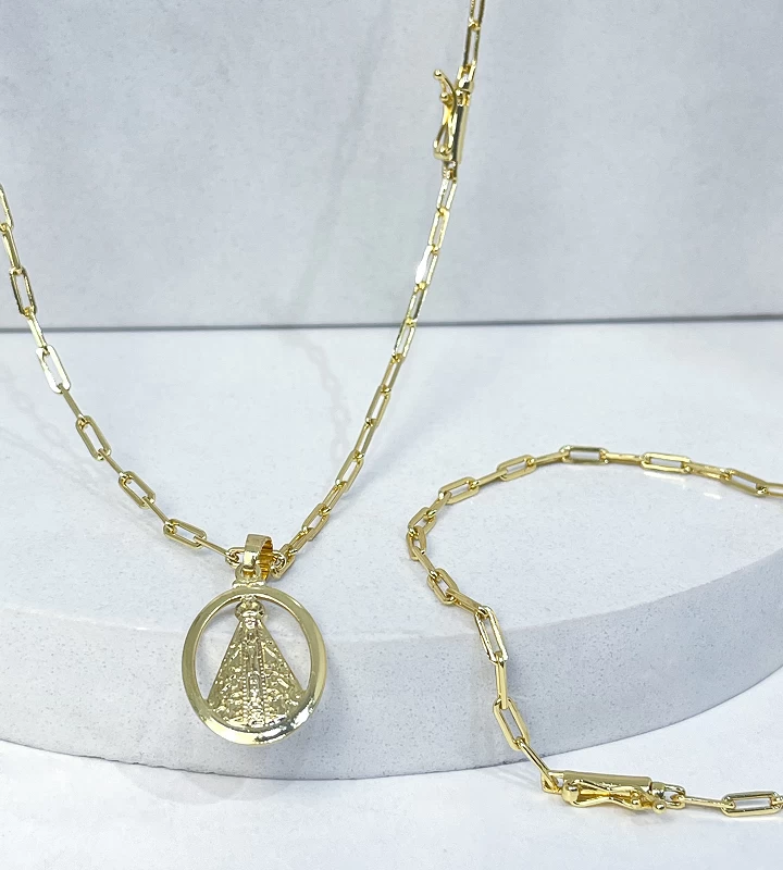 Corrente e Pulseira Cadeado Alongado 3mm + Nossa Senhora Oval