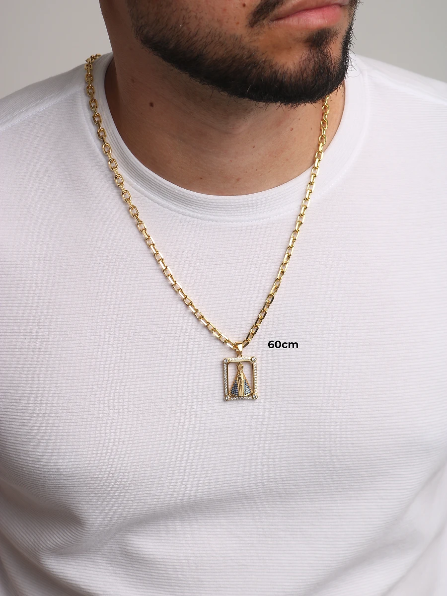 Corrente & Pulseira Cadeado 5mm  + NSRa Quadrada Manto Azul Cravejado G